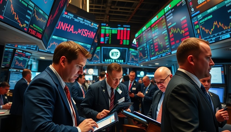 Traders analyzing data in a vibrant stock market setting, capturing market volatility.