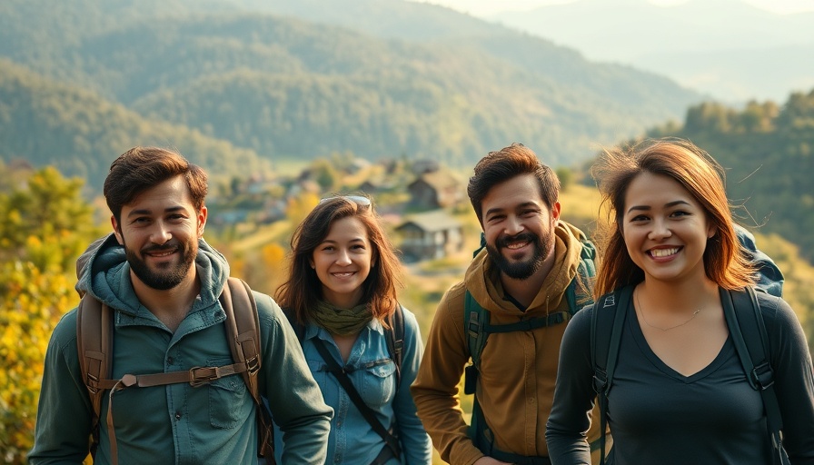 Mindfulness in mental health; hikers in serene mountain landscape.