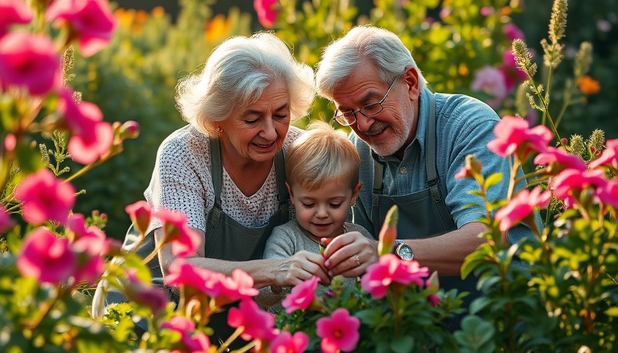 Elder and child bonding in a flower garden, embodying mindfulness.