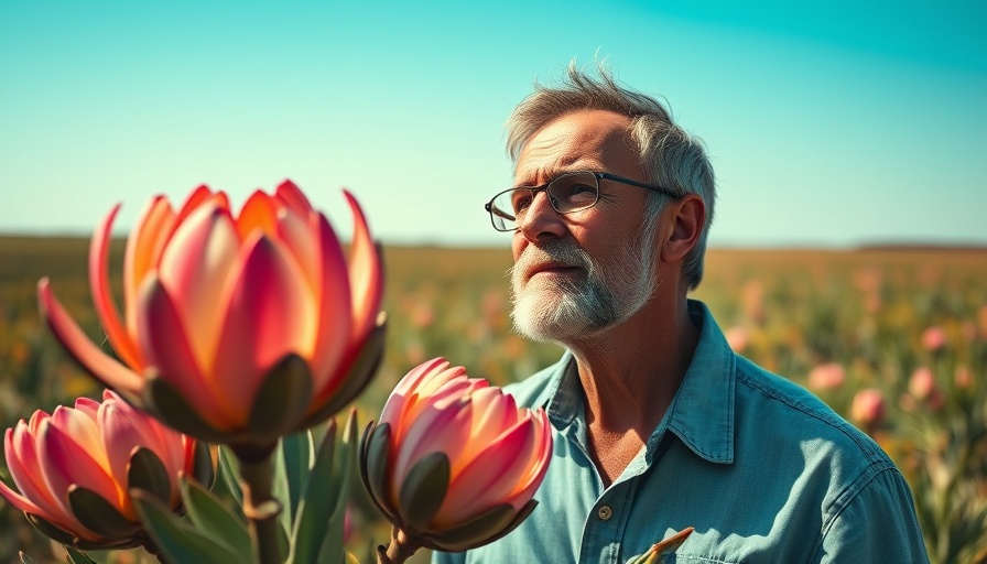 Mature man among protea flowers in climate change landscape.