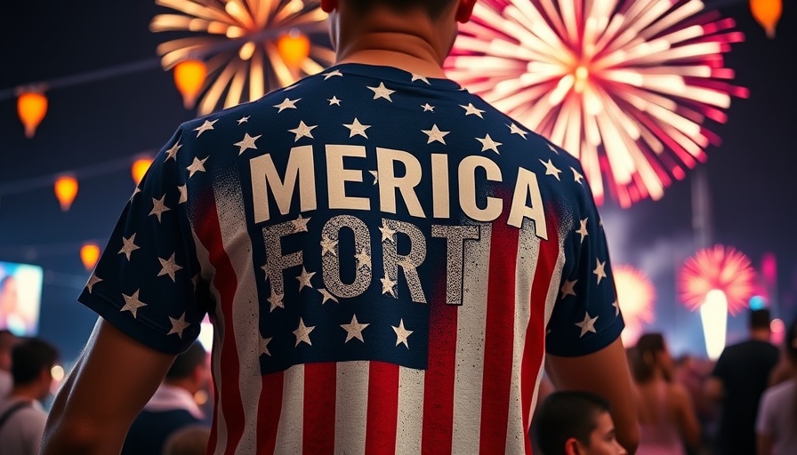 Patriotic t-shirt with bold text and fireworks backdrop.