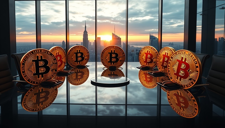 Corporate Crypto Buying concept with bitcoins around a boardroom table.