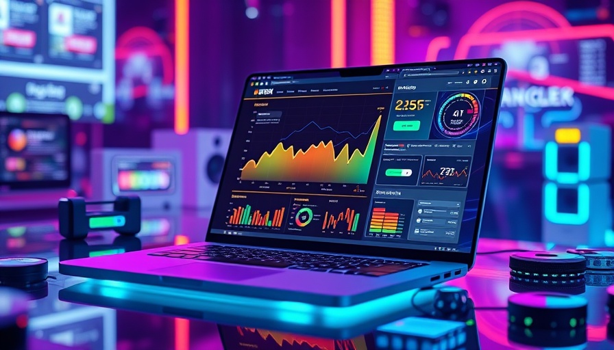 Futuristic laptop with neon AI web design interface.