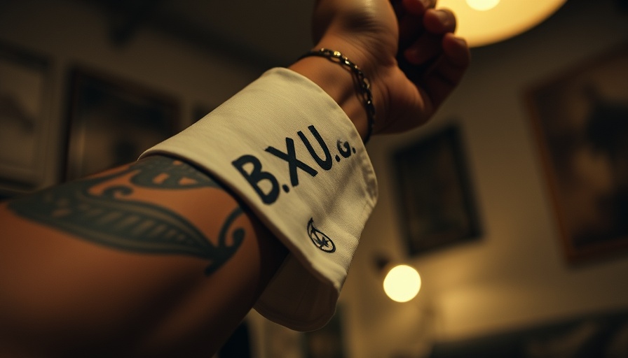 Tattooed arm with B.X.U.G design in low light, NYC art context.