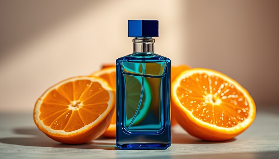 Vibrant perfume bottle with oranges, stylish items to buy.