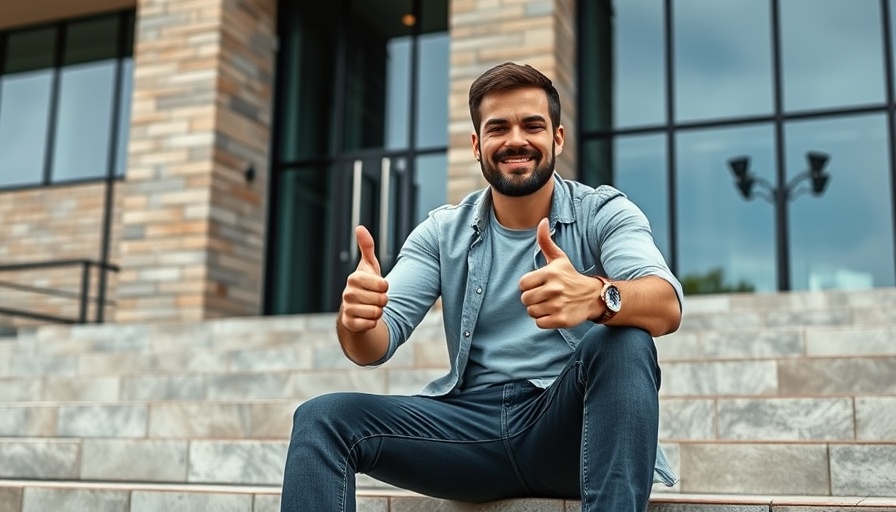 Man giving thumbs up in front of building, Bitcoin context.