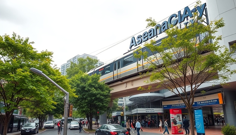 Redemptorist Aseana Station urban scene with train and cityscape.