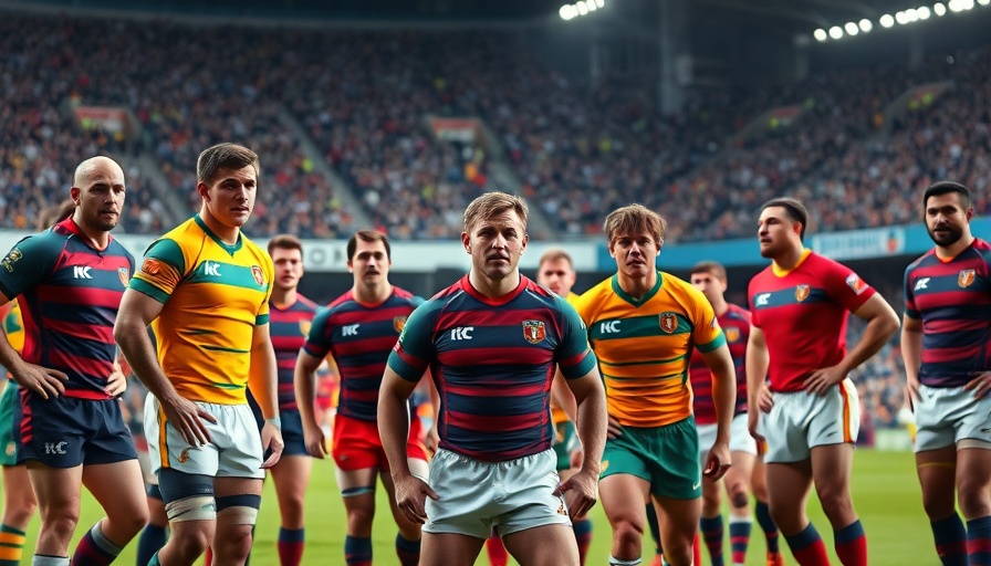 Rugby players in colorful jerseys focused on the game in a stadium.