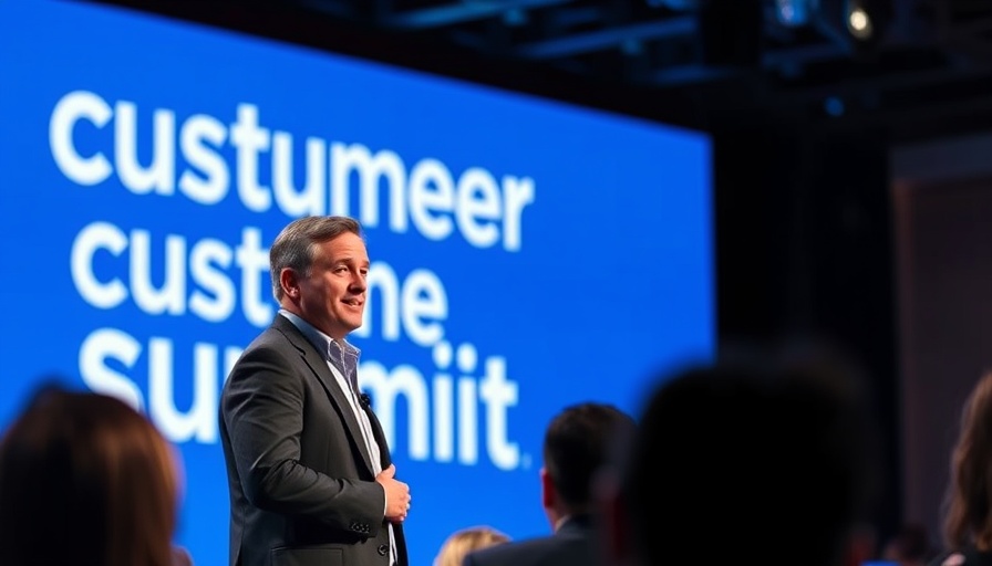 Speaker presenting at customer summit, blue backdrop, audience silhouettes.