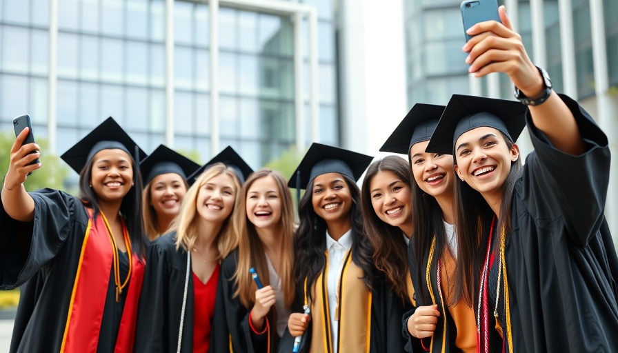 Diverse graduates taking a selfie, embracing AI in education.