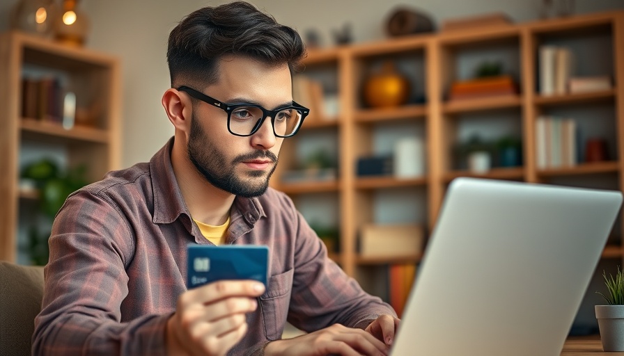 Skeptical young man shopping online with laptop and credit card.