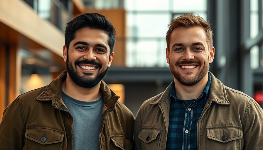 Cheerful men inside modern building, confidence in data processing.