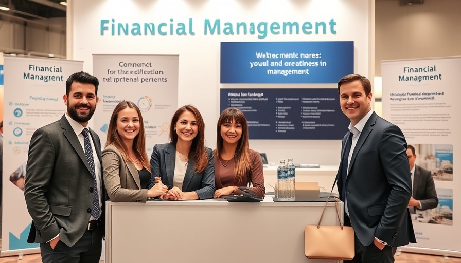 Business professionals at financial management exhibition booth.