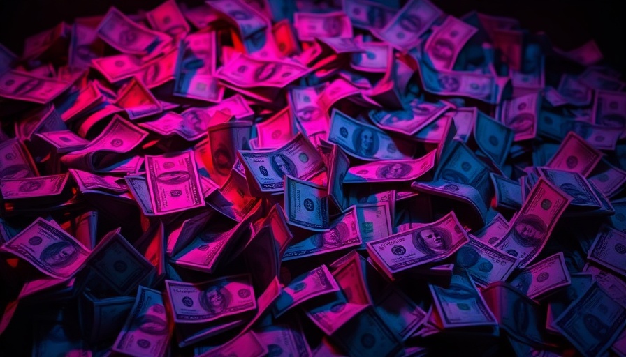 U.S. dollar bills illuminated by dim neon lighting, suggesting financial complexity.