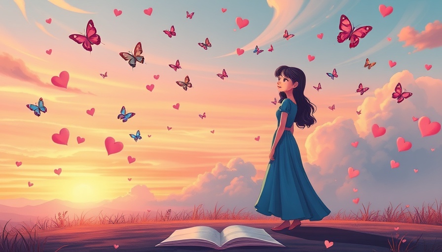 Emotional scene of self-worth through heartbreak, with a woman among butterflies.