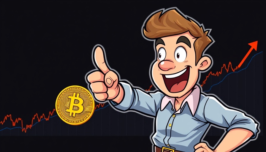 Bitcoin price rise excitement, animated character pointing at chart.