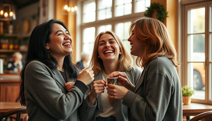 Friends laughing together in a cozy cafe setting.