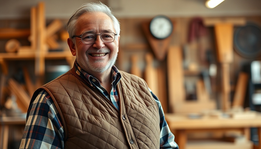 Portrait of smiling older man in workshop with orange overlay.
