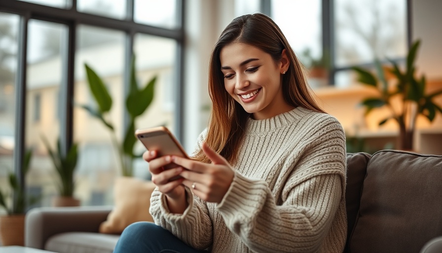 Woman enjoying social media marketing trends on phone in cozy room.