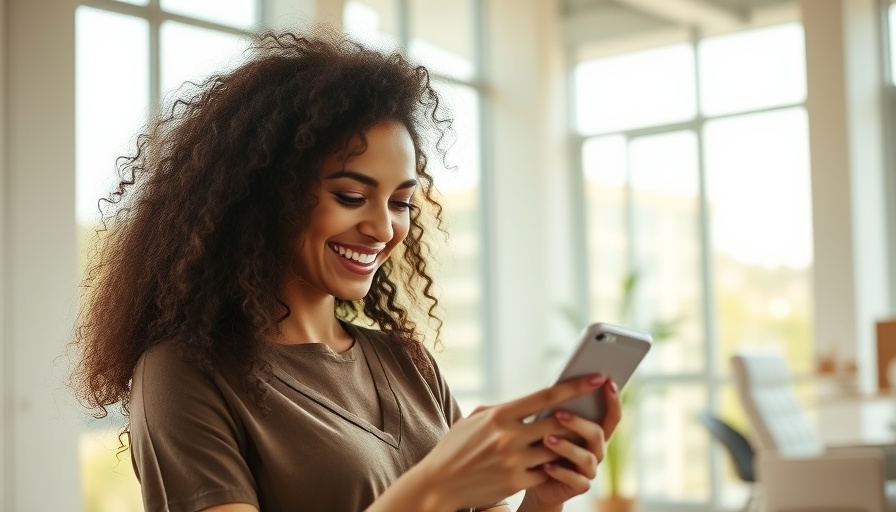 Smiling woman enjoying smartphone, enhancing customer experience.