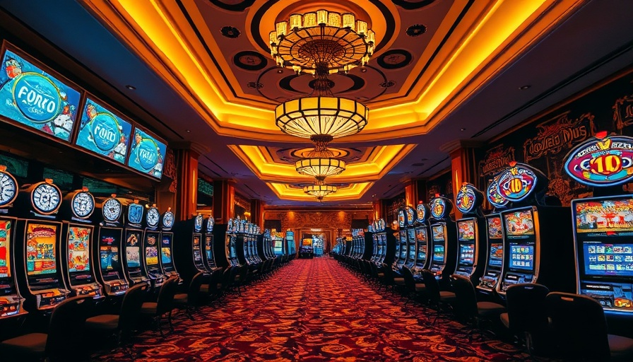 Luxurious casino floor showcasing modern slot machines and ornate chandelier, Slingo Gambling in 2025.