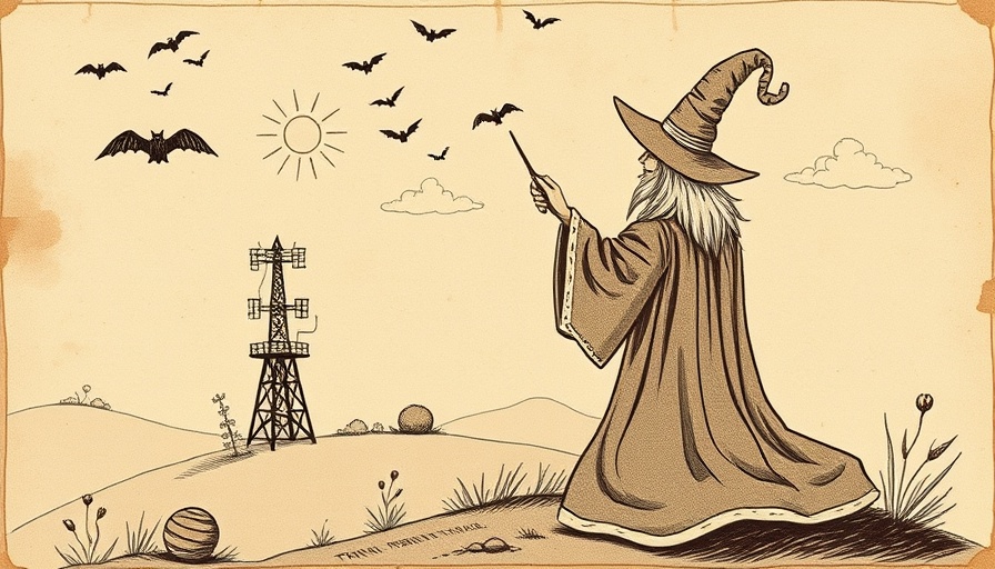 Vintage illustration of wizard affecting telegraph station, whimsical art.