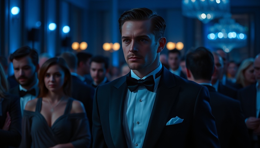 Elegant man at upscale event, cinematic atmosphere, blue lighting.