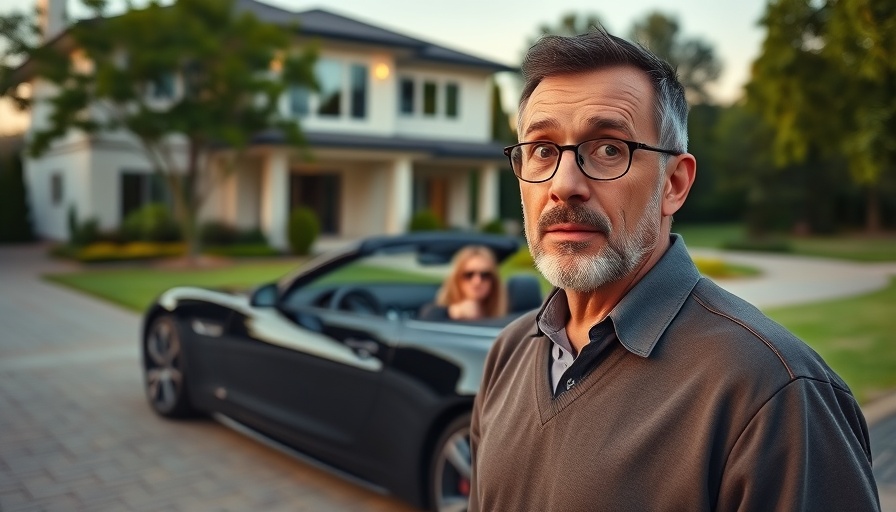 Surprised man with luxury convertible and house background, Bitcoin.