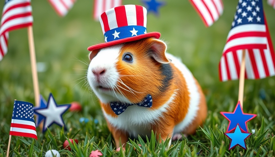 Guinea pig in patriotic attire with flags in the background.