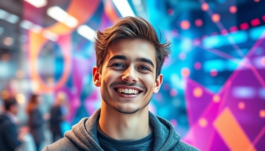 Vibrant abstract marketing design featuring a smiling young man with geometric shapes.