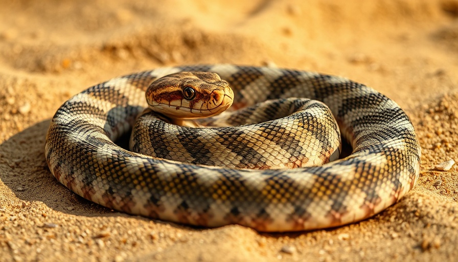 Desert horned viper resting on sand in natural habitat.