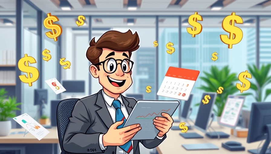 Cartoon businessman analyzing payroll for outsourcing benefits.