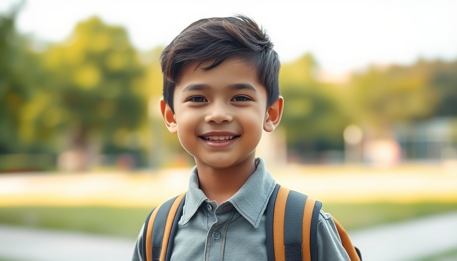 Young boy in school uniform with backpack, smiling outdoors.