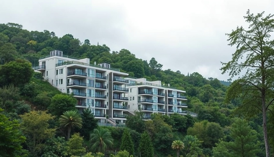 Fully-furnished retirement apartments nestled in lush greenery under overcast skies.