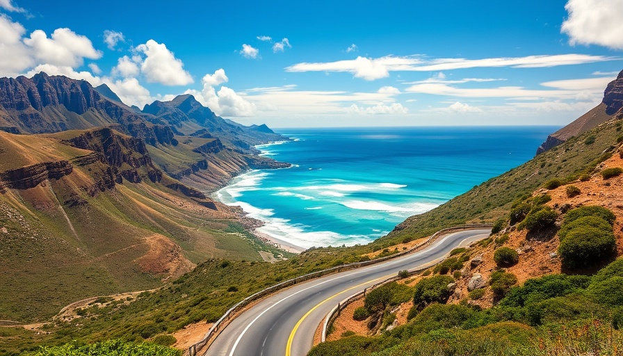 Scenic coastal road in South Africa with mountains and ocean view.