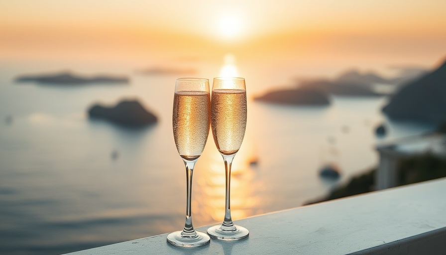 Champagne glasses on ledge with ocean view, luxury travel perks.