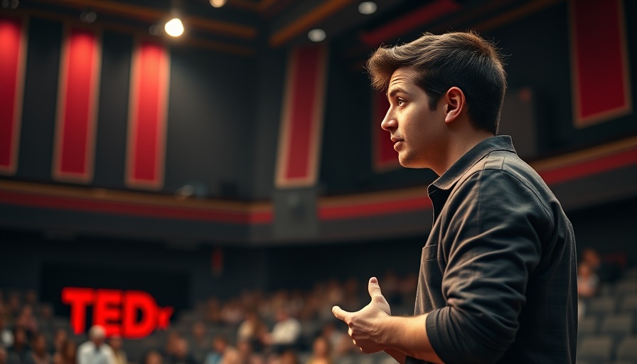 Young man presenting at TEDx talk on ancient shipwreck discoveries, vibrant atmosphere.