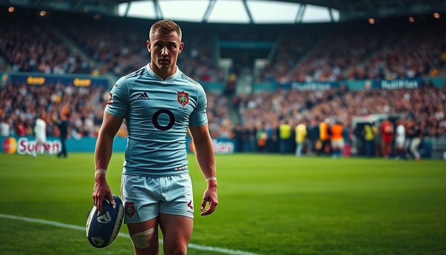 Lions scrumhalf injury with player and medic walking off field.