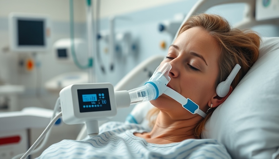 Patient using noninvasive ventilation in hospital room, bright lighting.