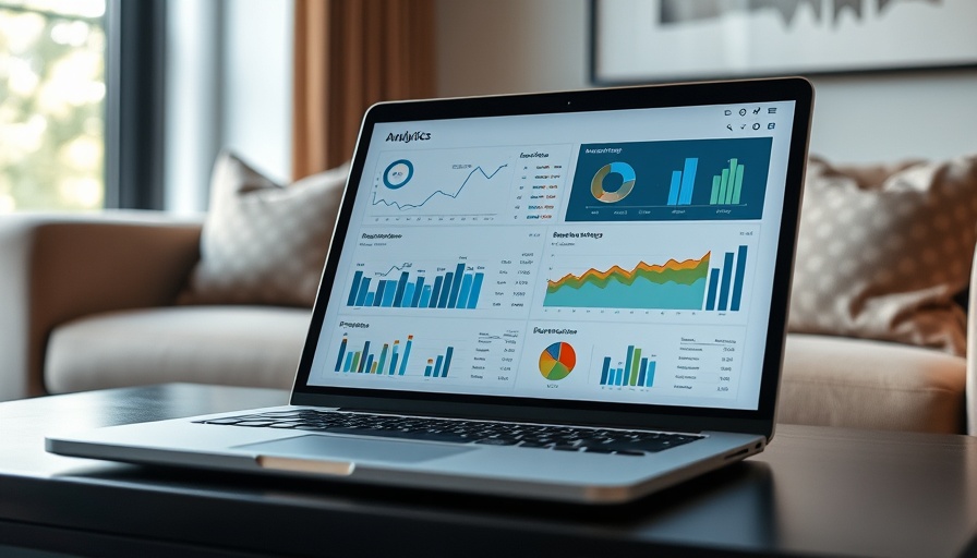 Laptop screen with analytics and data reporting in an office setting.