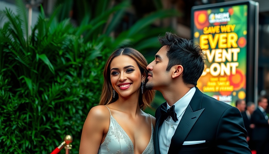 Celebrity couple expressing public displays of affection on red carpet.