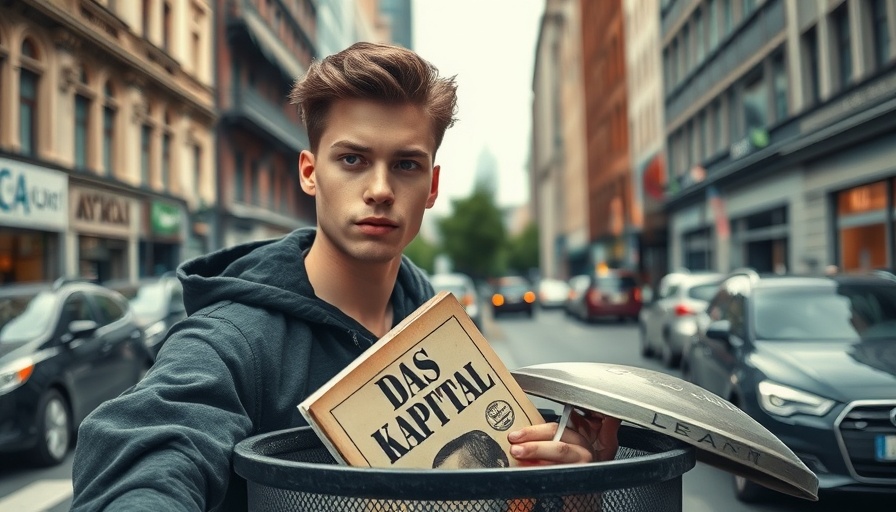 Young man discards book in city, conveying socialism punishes the poor.
