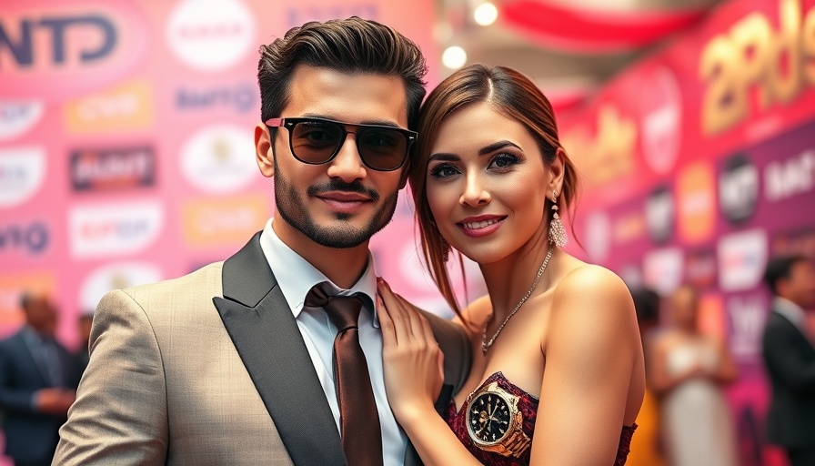 Elegant couple on red carpet with Omega De Ville Hour Vision watch.