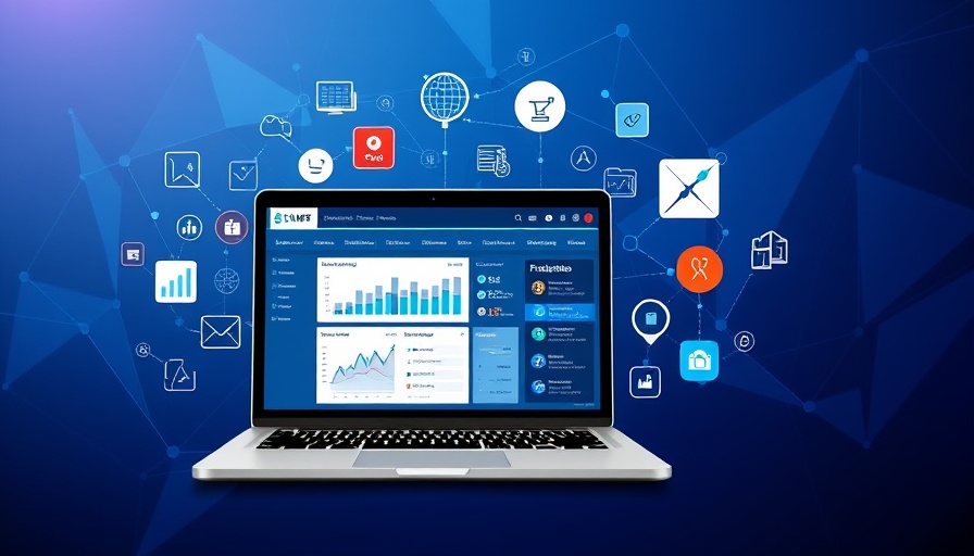 Enterprise Asset Management Software for Business displayed on a laptop screen with analytics dashboard, surrounded by tech icons.