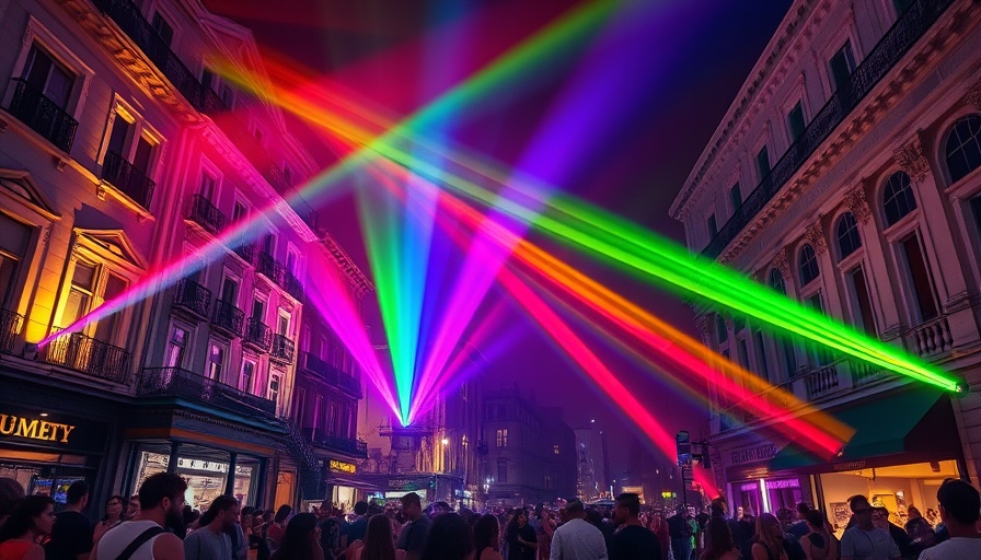 LGBTQ+ Pride Month celebration with colorful beams lighting up city.