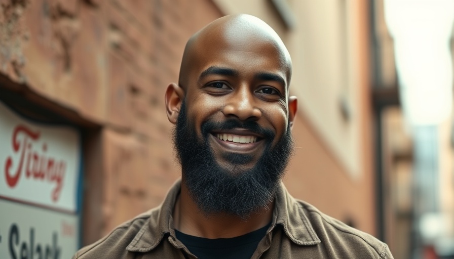 Confident bald man smiles in green suit, urban backdrop.
