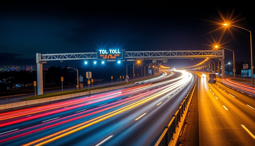 Gauteng e-toll payment scene with nighttime highway and light trails.