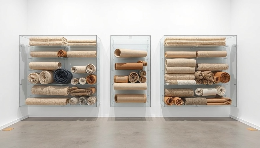 Contemporary art display with fabric rolls in acrylic shelves.