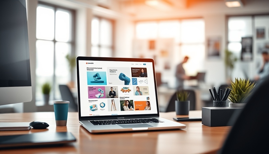 Modern office desk with branding designs on laptop screen.