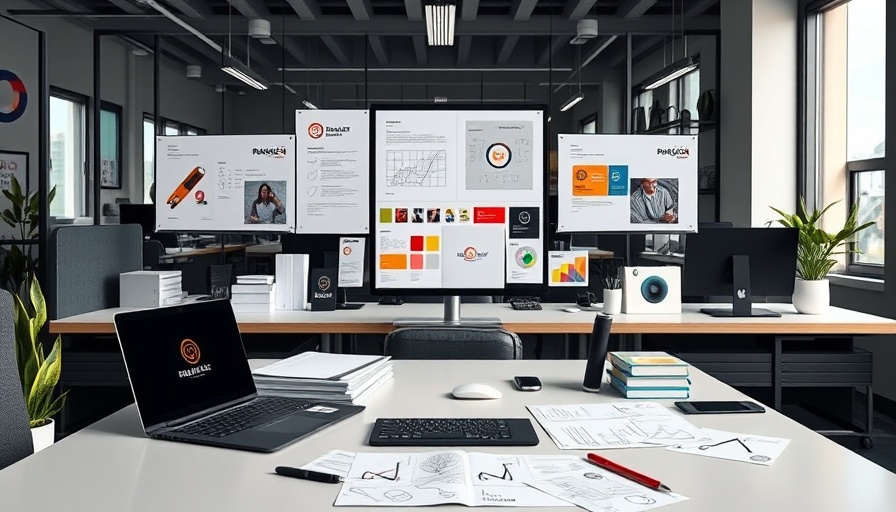 Modern office desk with branding design materials.